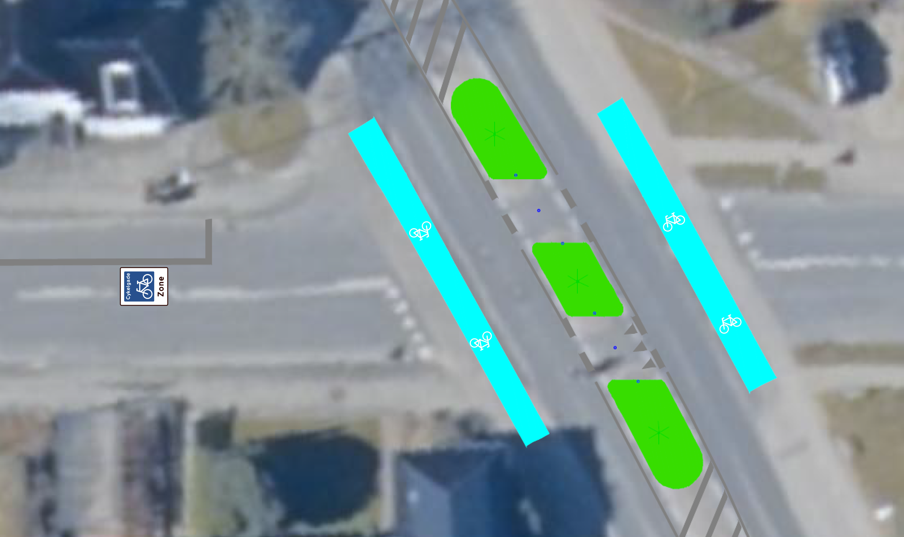 Luftfoto med angivelse af helleanlæggets placering i krydset mellem Kirkegade og Strandby Kirkevej. 